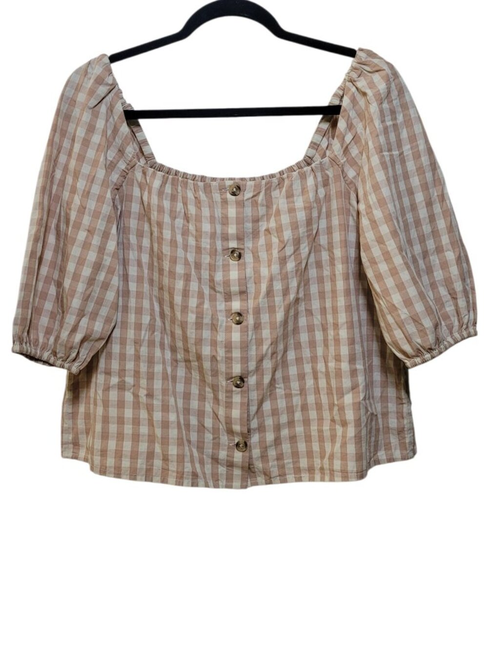 Faherty Cali Check Puff Sleeve Beige Gingham Organic Cotton Top Small Coastal